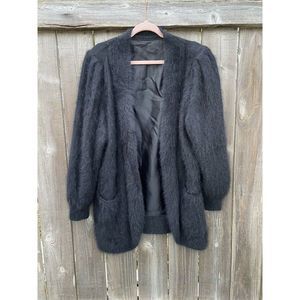 Vintage Black Angora Blend Fuzzy Cuddle Open Front Jacket See Measurements